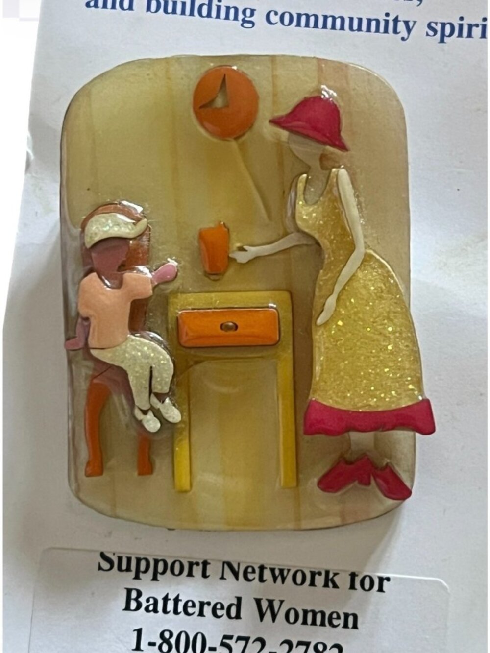 Lucinda Yates Brooch Mother Child w/ Orig. Support Network 4 Battered Women Card